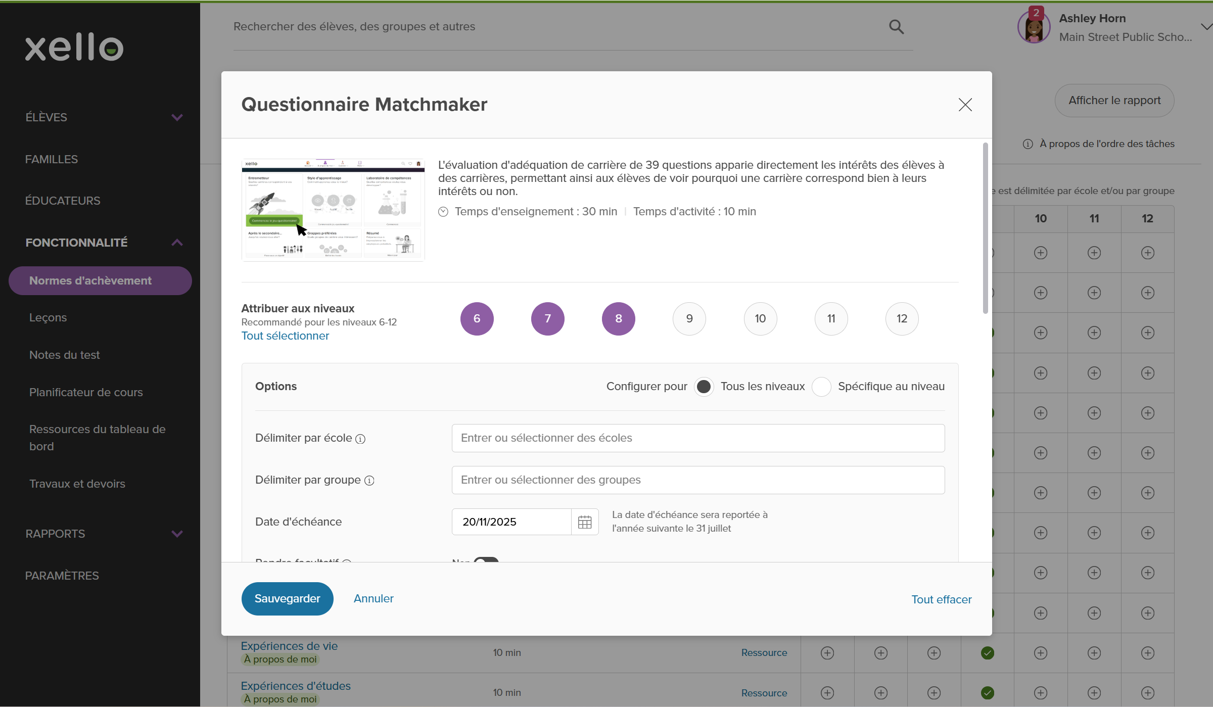Educator account on the Completion Standards page. The Matchmaker quiz modal is open and is being assigned to multiple grades, with a due date